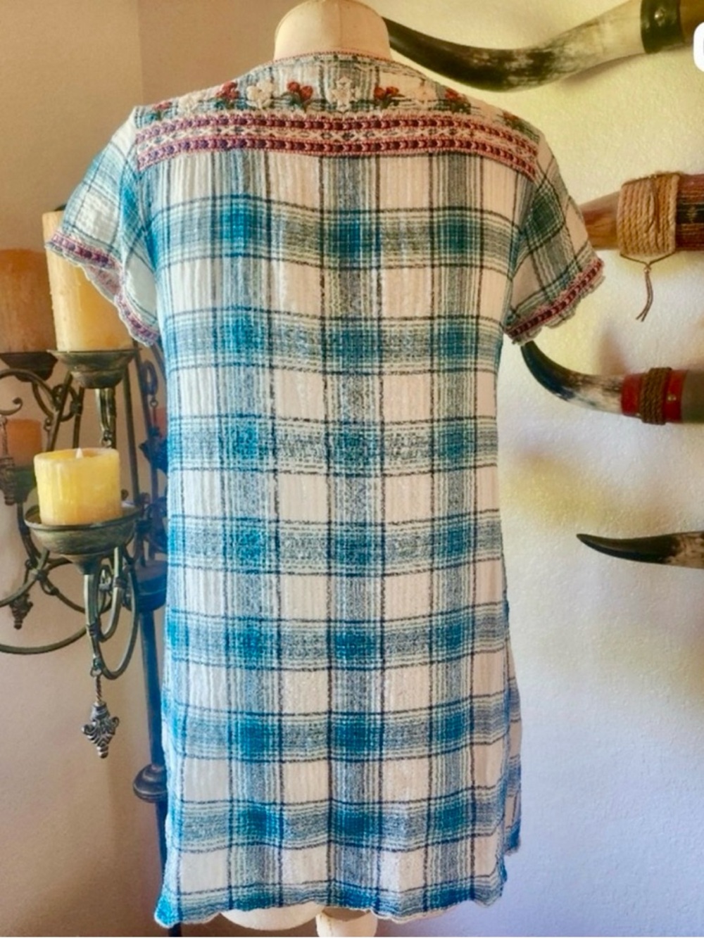 Johnny Was Julienne guaze cotton Plaid Floral Embroidered Blouse metallic xs - Picture 6 of 7